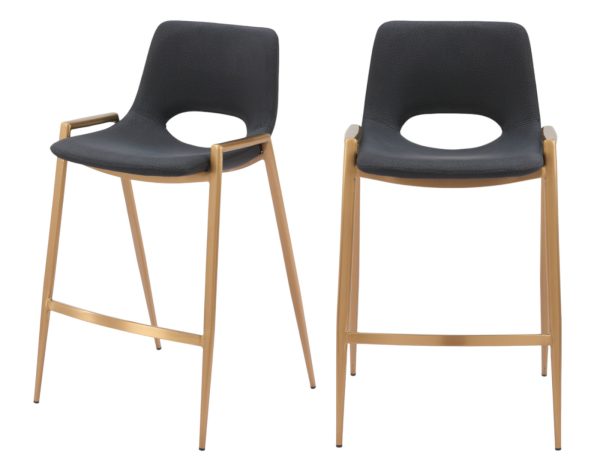 Set of Two 26" Black And Gold Faux Leather And Steel Low Back Counter Height Bar Chairs - Image 2