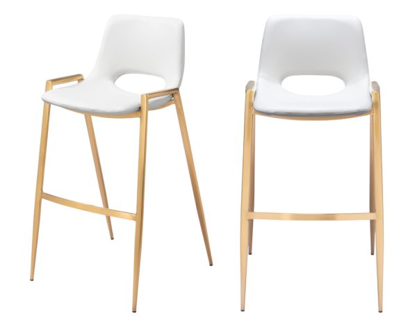 Set of Two 30" White And Gold Faux Leather And Steel Low Back Bar Height Bar Chairs - Image 2