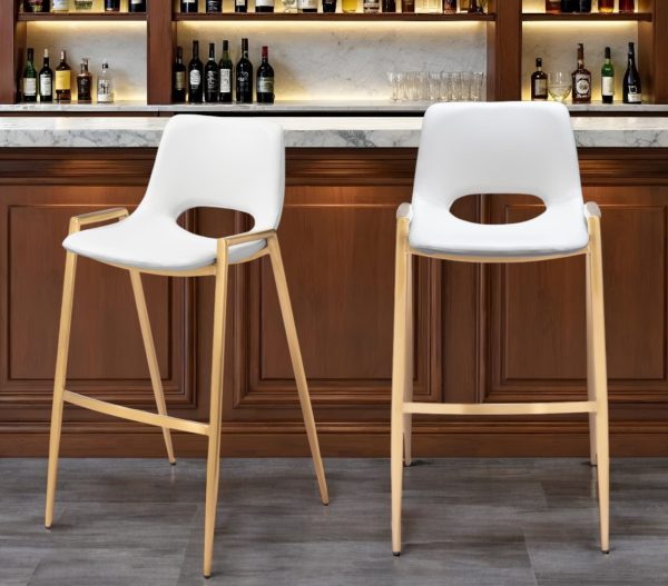 Set of Two 30" White And Gold Faux Leather And Steel Low Back Bar Height Bar Chairs