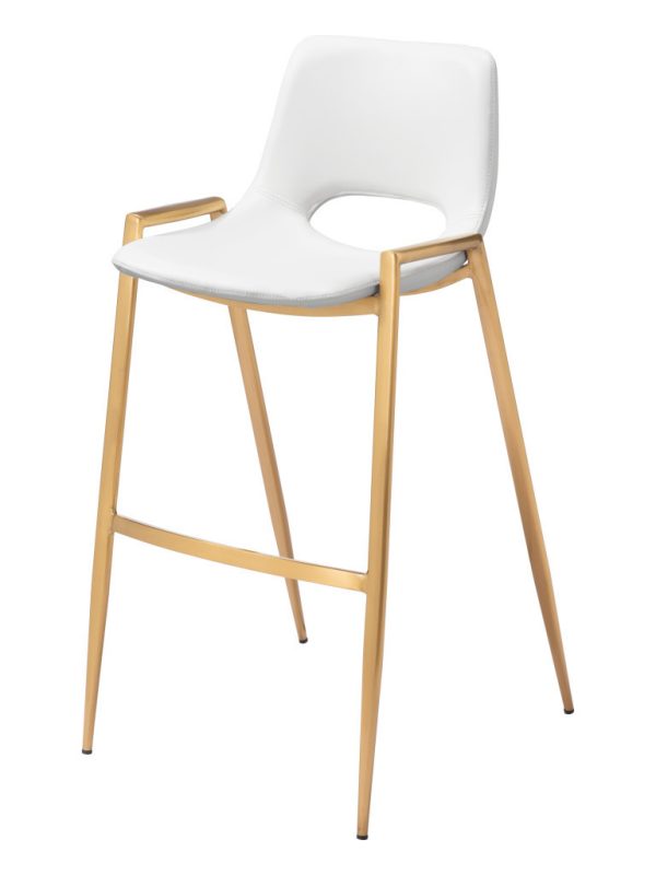 Set of Two 30" White And Gold Faux Leather And Steel Low Back Bar Height Bar Chairs - Image 3