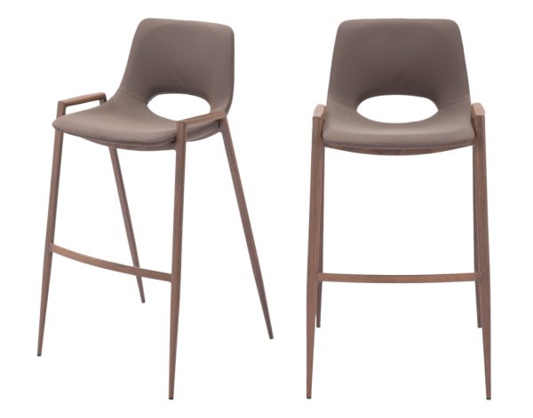 Set of Two 30" Brown Faux Leather And Steel Low Back Bar Height Bar Chairs - Image 2