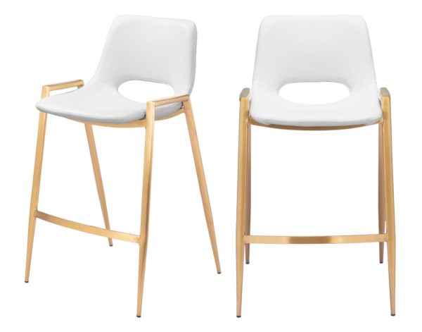Set of Two 26" White And Gold Faux Leather And Steel Low Back Counter Height Bar Chairs - Image 2