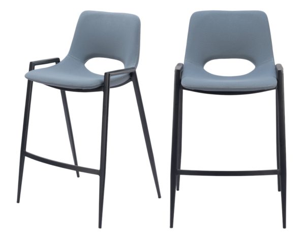 Set of Two 26" Blue And Black Faux Leather And Steel Low Back Counter Height Bar Chairs - Image 2