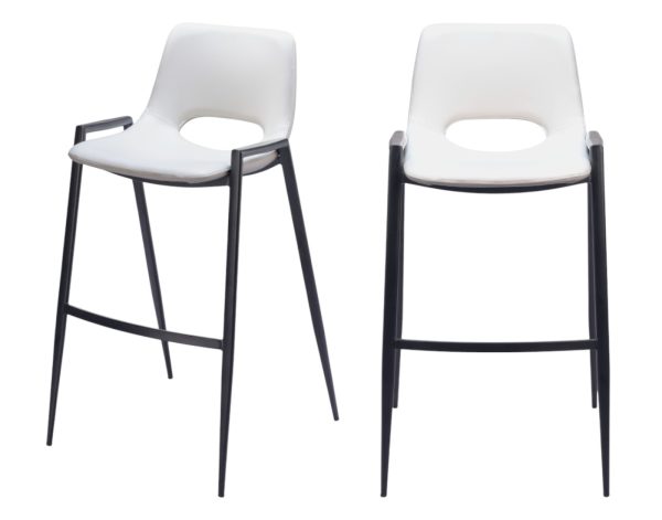 Set of Two 30" White And Black Faux Leather And Steel Low Back Bar Height Bar Chairs - Image 2