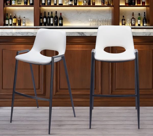 Set of Two 30" White And Black Faux Leather And Steel Low Back Bar Height Bar Chairs