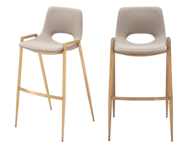 Set of Two 30" Beige And Gold Faux Leather And Steel Low Back Bar Height Bar Chairs - Image 2