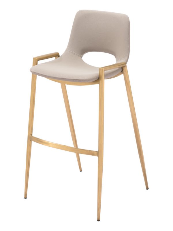 Set of Two 30" Beige And Gold Faux Leather And Steel Low Back Bar Height Bar Chairs - Image 3