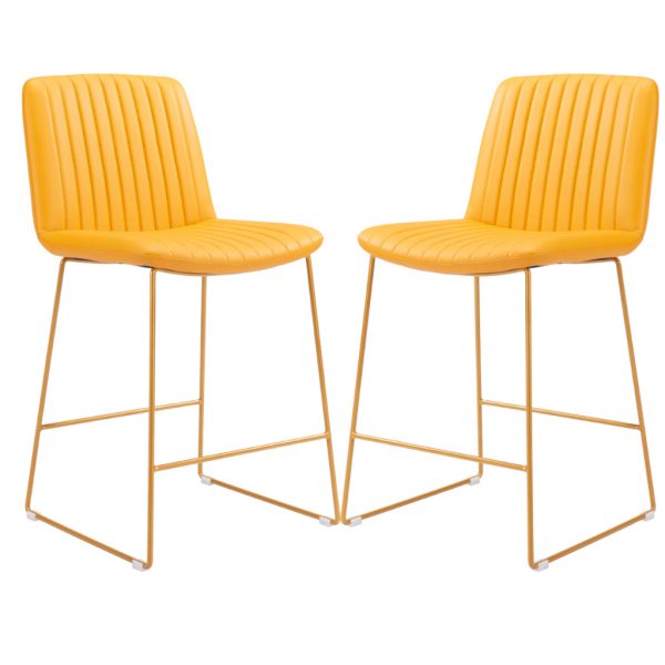 Set of Two 26" Yellow Faux Leather And Steel Counter Height Bar Chairs - Image 2