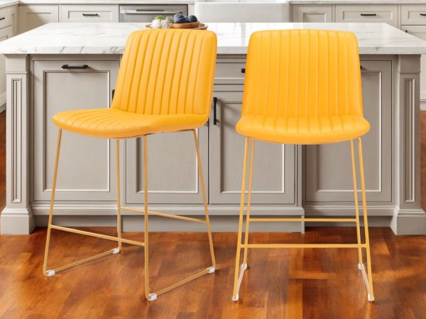 Set of Two 26" Yellow Faux Leather And Steel Counter Height Bar Chairs
