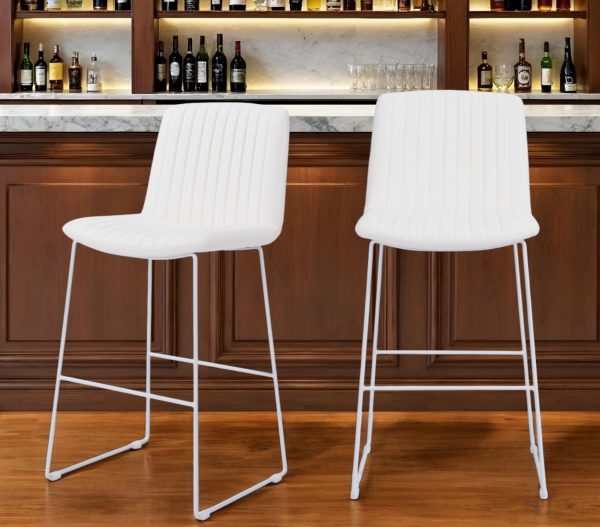Set of Two 30" White Faux Leather And Steel Bar Height Bar Chairs