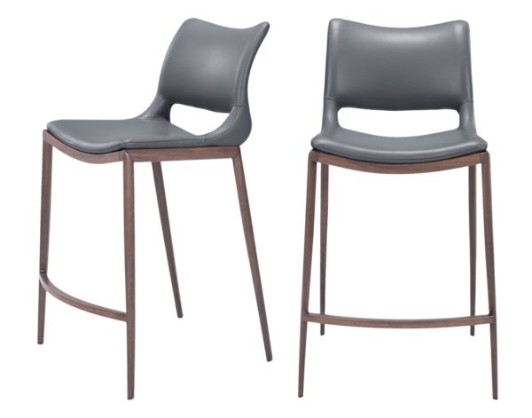 Set of Two 25" Dark Gray And Brown Faux Leather And Steel Low Back Counter Height Bar Chairs - Image 2