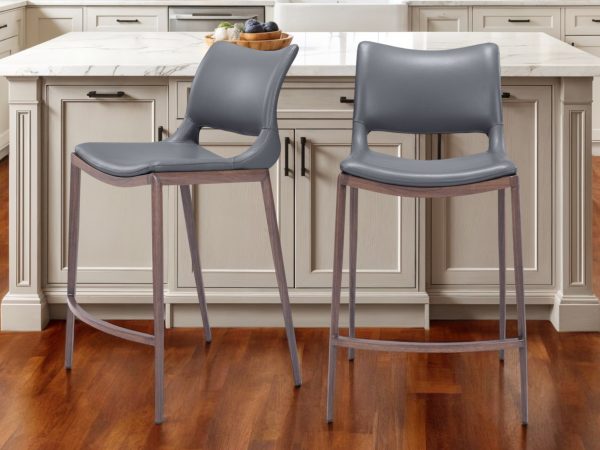 Set of Two 25" Dark Gray And Brown Faux Leather And Steel Low Back Counter Height Bar Chairs