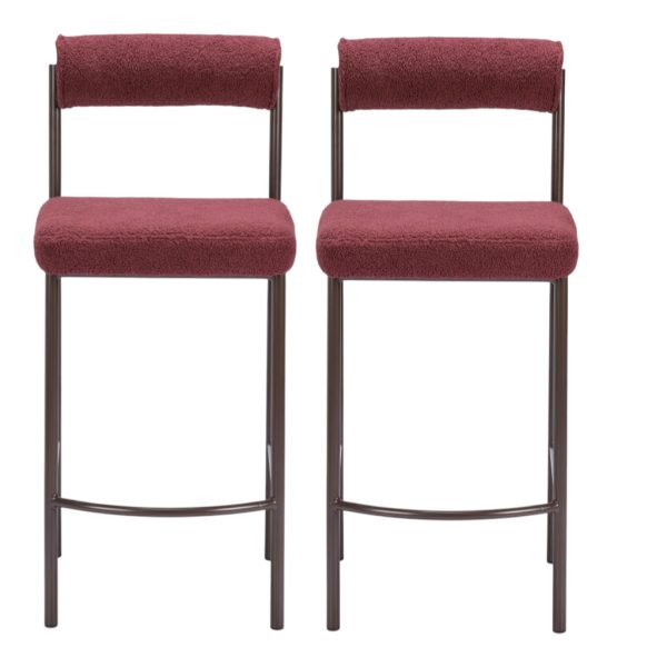 Set of Two 26" Red and Bronze Shearling and Steel Low Back Counter Height Bar Chairs - Image 2
