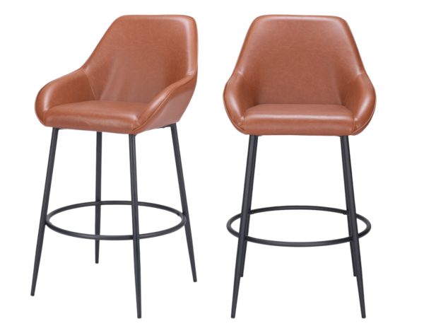 Set of Two 30" Brown And Black Faux Leather And Steel Bar Height Bar Chairs - Image 2