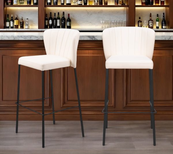 Set of Two 29" Cream And Black Faux Leather And Steel Bar Height Bar Chairs