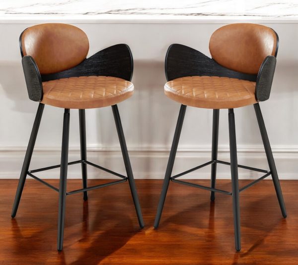 Set of Two 28" Brown And Black Faux Leather And Wood Counter Height Bar Chairs