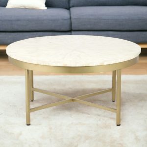 18" Ivory And Gold Wood And Steel Round Coffee Table