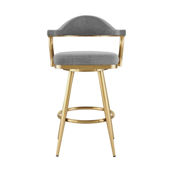 30" Gray and Gold Fabric and Stainless Steel Low Back Bar Height Swivel Bar Chair - Image 2