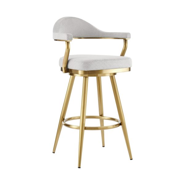 30" Silver and Gold Fabric and Stainless Steel Low Back Bar Height Swivel Bar Chair - Image 3